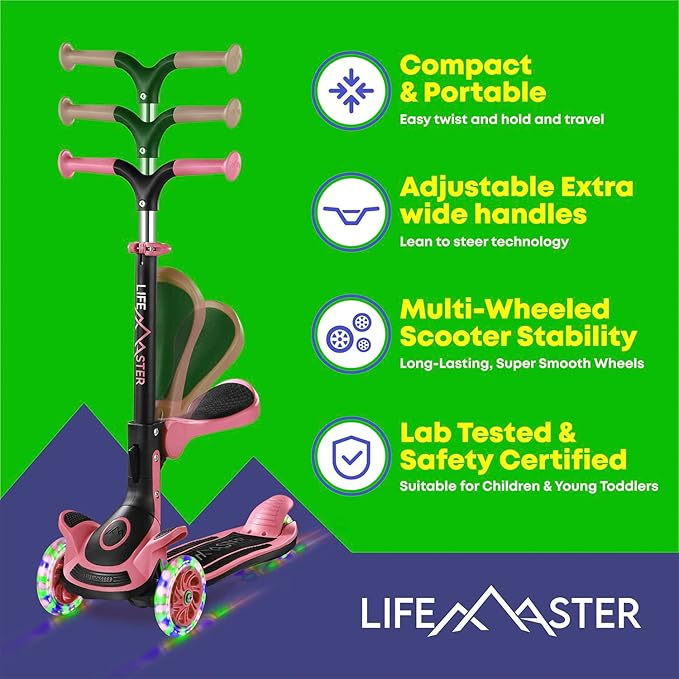 Kids Scooter – Foldable Seat – LED Wheel Lights Illuminate When Rolling – Children and Toddler 3 Wheel Kick Scooter – Adjustable Handlebar – Indoor and Outdoor- by Lifemaster