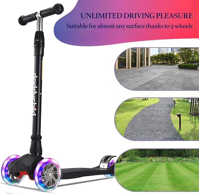 Kids Kick Scooter, 3 Wheeled Scooter for Kids, Child/Toddlers Toy, Adjustable Height, Anti-Slip Deck, Flashing Wheel Lights, for Boys/Girls 3-12 Year Old