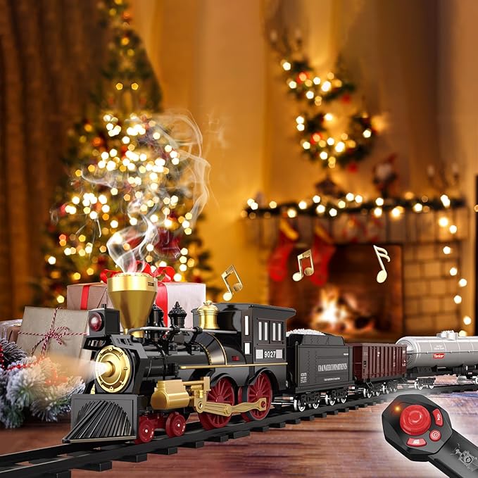 Remote Control Train Set for Kids Electric Steam Engine Locomotive, Oil Tank Train, Cargo Cars & Tracks, Realistic Smoke,Sounds & Lights, Rechargeable Birthday Gifts for Boys Girls 3 4 5 6 7+ โฆ โฆ