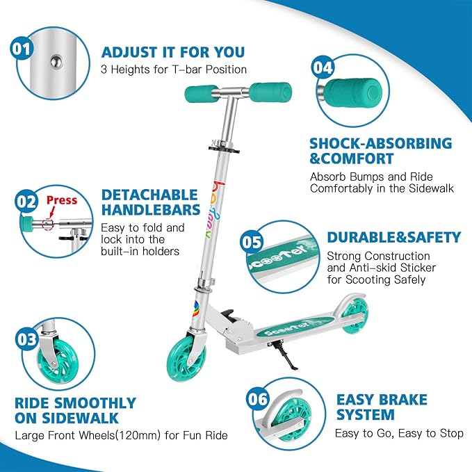 BELEEV V1 Scooters for Kids, 2 Wheel Folding Kick Scooter for Girls Boys, 3 Adjustable Height, Light Up Wheels, Lightweight Scooter with Sturdy Frame, Kickstand for Children 3 to 12 Years Old