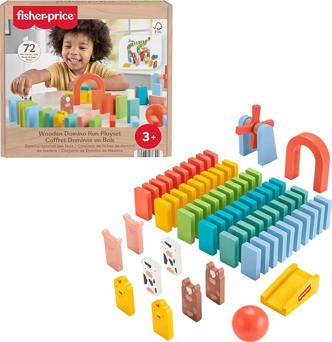 Fisher-Price Wood Preschool Game Domino Run Playset, 72-Piece Wooden Building Set for Kids Ages 3+ Years