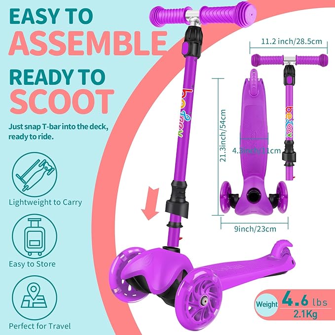 BELEEV A1 Scooter for Kids Ages 2-6, 3 Wheel Kick Scooter for Toddlers Girls Boys, Light up Wheels, Adjustable Height, Lean to Steer, Non-Slip Deck, Lightweight Push Scooter for Children