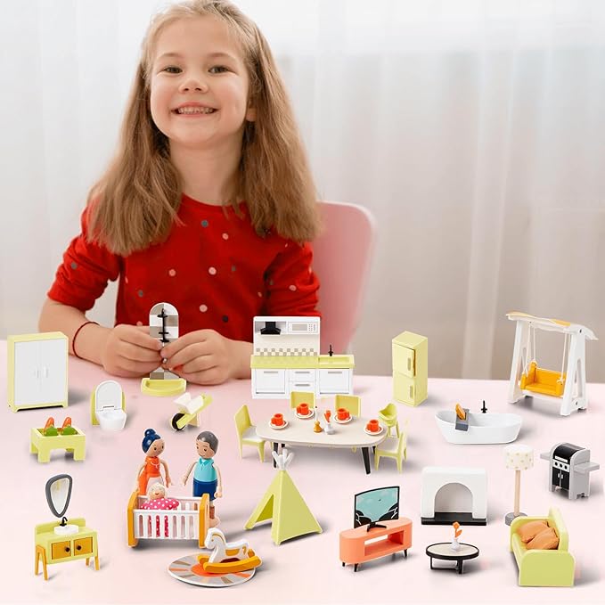 Giant bean 27pcs Green Wooden Plastic Dollhouse Furniture, Modern Living Room Bedroom Set, Dollhouse Accessories Pretend Play Furniture Toys for Boys Girls Kids & Toddlers 3+