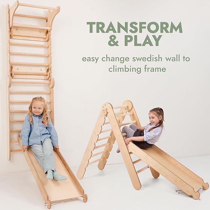 6-in-1 Indoor Playground for Kids – Wooden Swedish Wall, Climbing Ladder, Slide, Swing, Gymnastics Rings, Rock Climbing Wall – Jungle Gym Play Set for Ages 2-12