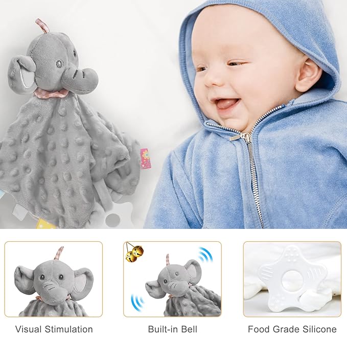 Baby Shower Gifts, Baby Girl Gifts Set Newborn Blanket Elephant Lovey Baby Security Blanket Wooden Rattle Toy, Funny Bibs Socks & Greeting Card, New Girls Baby Gift Basket Essentials