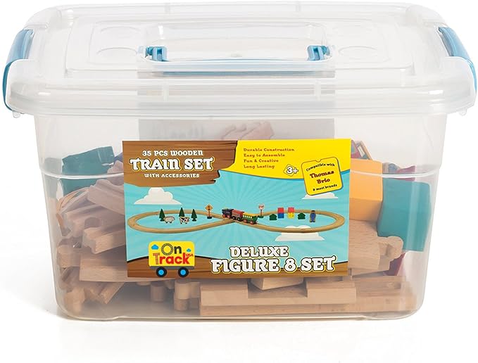 Wooden Train Set 35 Piece All in One Wooden Toy Train Tracks Set with Magnetic Trains and Railway Accessories, Comes in A Clear Container, Compatible with All Major Brands