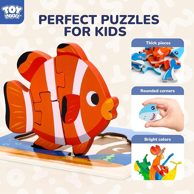 TOY Life Wooden Puzzles for Toddlers 2-4, Sea Animals Puzzles for Toddlers 1-3, Wood Puzzles Educational Montessori Toys Gifts for 1 2 3 Year Old, Baby Kids Learning Toy