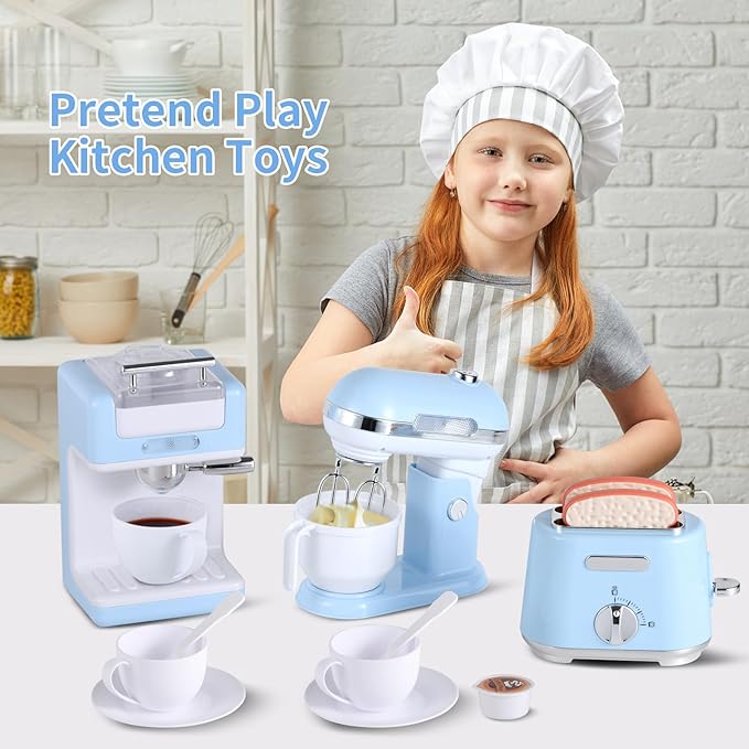 Pretend Play Kitchen Appliances Toy Set, Kids Kitchen Accessories Set with Coffee Maker, Toaster, Mixer with Light and Sound, Gift for Girls Boys Kids Ages 3 4 5 6 7 8(Blue)