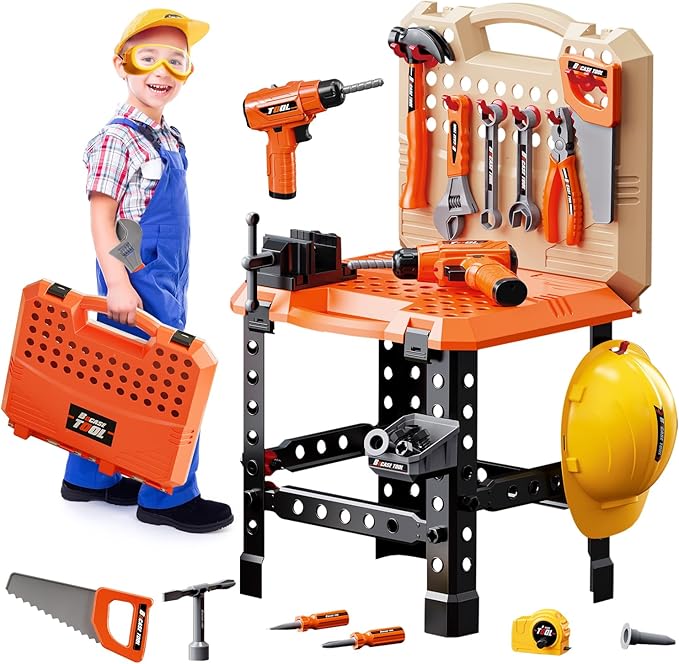 Kids Tool Bench Set, 90 PCS Toddler Tool Workbench with Realistic Electric Drill, STEM Construction Toy Tool Pretend Play Set, Outdoor Gift for Boys & Girls Age 3-5