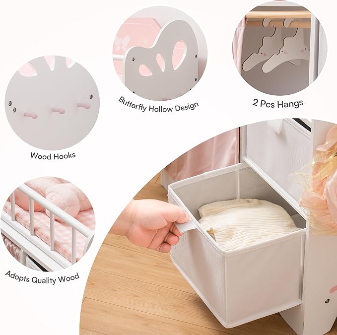 ROBOTIME Baby Doll Crib, Wooden Doll Bed, Toy Baby Crib with Storage, Bedding, and Wooden Hooks, Doll Crib Fits Dolls up to 21", Doll Furniture for American Girls Ages 3+ (Pink)