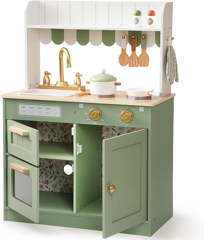 ROBOTIME Play Kitchen for Kids Toddlers, Wooden Pretend Play Kitchen Set Toy with Cutting Food Set, Toys Kitchen Gift for 3+ Year Old Kids, Girls & Boys