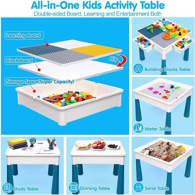Kids Activity Table Toddlers Kids Table and Chair Set with 152Pcs Large Marble Run Building Blocks All in One Kids Play Water Tables Sand Tables, STEM Toys for Boys Girls 3 4 5 6 Year Old