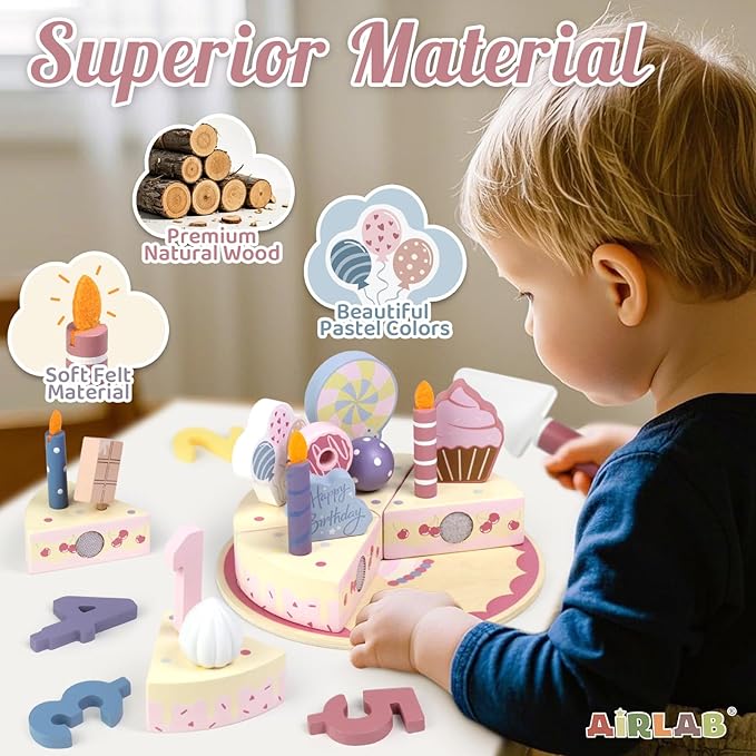 Wooden Birthday Party Cake Play Food Sets for Kids Kitchen Accessories Pretend Toy Toddlers 1-3 Party Gift Boys Girls Educational Toys