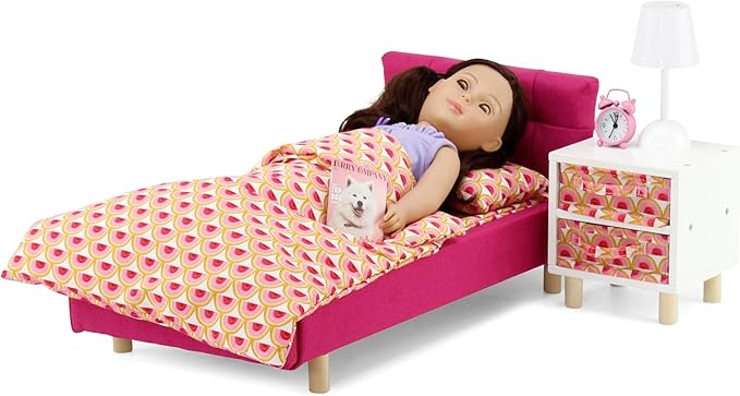 Emily Rose 18" Pink Fabric Bed Bedroom Set with Bedding, Nightstand, Clothes Storage Bins, Working Lamp & Alarm Clock | 14-18 inch Doll Wooden Furniture Gift Set for Little Girls Kids