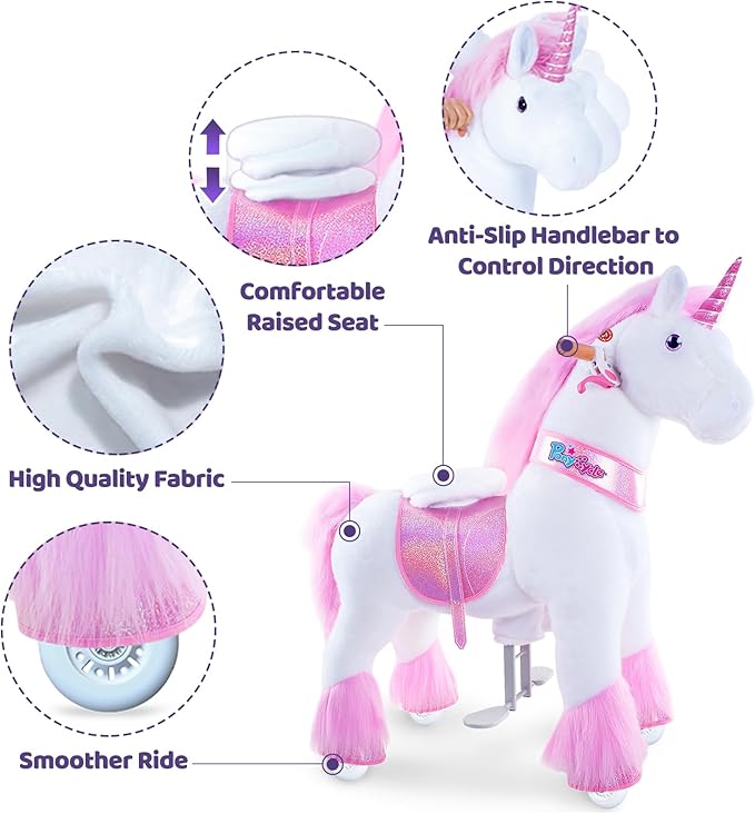 PonyCycle Ride on Pink Unicorn Horse Toys Ride on Toys for Kids 4-8 Year Old Riding Unicorn for Toddlers Size 4 Outdoor Indoor Ride on Animal with Music Sounds Birthday Gifts Ux402.