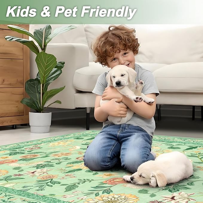 Floral Washable 5x7 Area Rug, Soft Non-Slip Green Rugs for Girls Bedroom Low Pile Flower Birds Living Room Rug, Non-Shedding Botanical Indoor Carpet for Nursery Playroom Dining Room