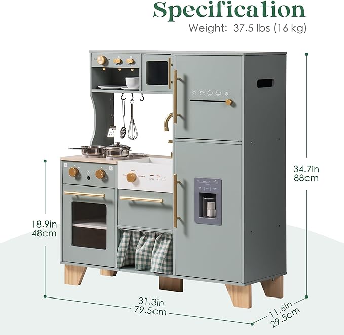 ROBUD Play Kitchen Set, Wooden Play Kitchen with Ice Maker, Fridge, Coffee Machine, Oven, Dishwasher, Microwave, Kitchen Accessories, Toy Kitchen Gift for Boys Girls, 3+