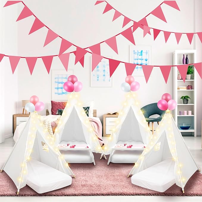 8 Pack Sleepover Tent for Girls Party,Teepee Tent for Kids Slumber Party Bulk with Light String,Air Mattress,Fitted Sheet,Washable Natural Cotton Toddler Teepee for Indoor Outdoor(White)