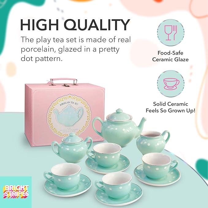 Bright Stripes Porcelain Tea Set for Kids - Premium Quality Pretend Play - 4 Cups, Saucers, Pot, Sugar, Creamer - Ideal for Girls