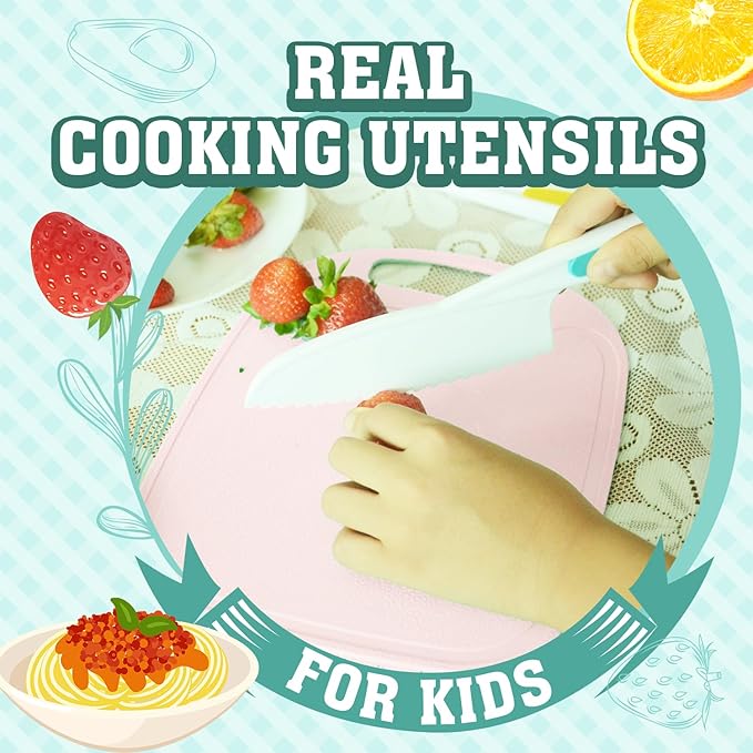 JoyTown Kids Cooking and Baking Set with Storage Case –Complete Cooking Supplies for The Junior Chef with Cookbook, Knives, Timer, Kids Baking Kit for Girls & Boys – Real Utensils Accessories - Pink