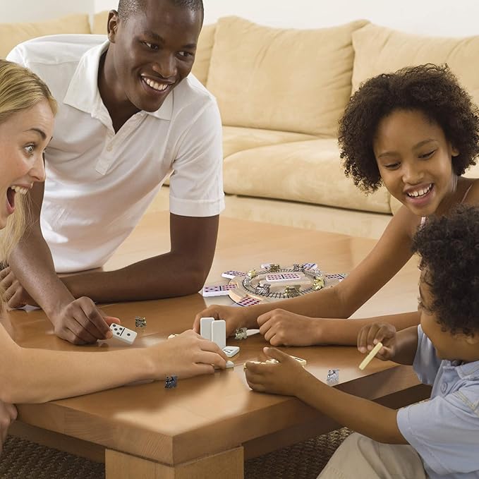 Mexican Train Dominoes Set Double 12 Color Dots with Wooden Hub 8 Metal Trains and Aluminum Case