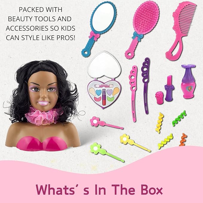Liberty Imports African American Black Makeup and Hair Styling Doll Head Toy Playset with Real Washable Cosmetic and Fashion Dress Up Accessories for Girls Pretend Play