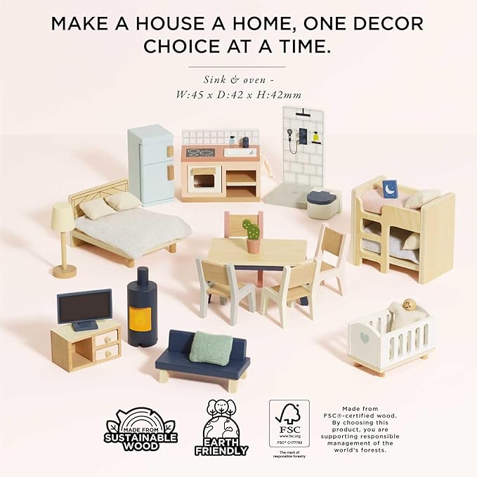 Le Toy Van - Wooden Dolls House Full Starter Furniture & Accessories Play Set for Dolls Houses | Girls or Boys Dolls House Furniture Sets - Suitable for Ages 3+