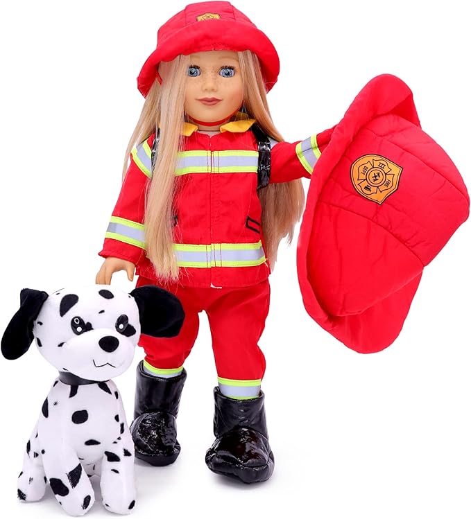 Playtime by Eimmie 18 Inch Doll Clothes - Firefighter Outfit, Matching Hat & Pet Dog Accessories Set - Outfits Fit American, Generation & Similar 18” Girls Dolls - Clothing Sets & Stuff for My Doll