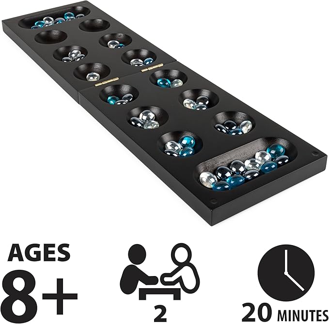 Spin Master Games, Legacy Deluxe Mancala, Classic Game with Folding Wooden Board & Colorful Glass Stones, Family Game, for Ages 8 & Up