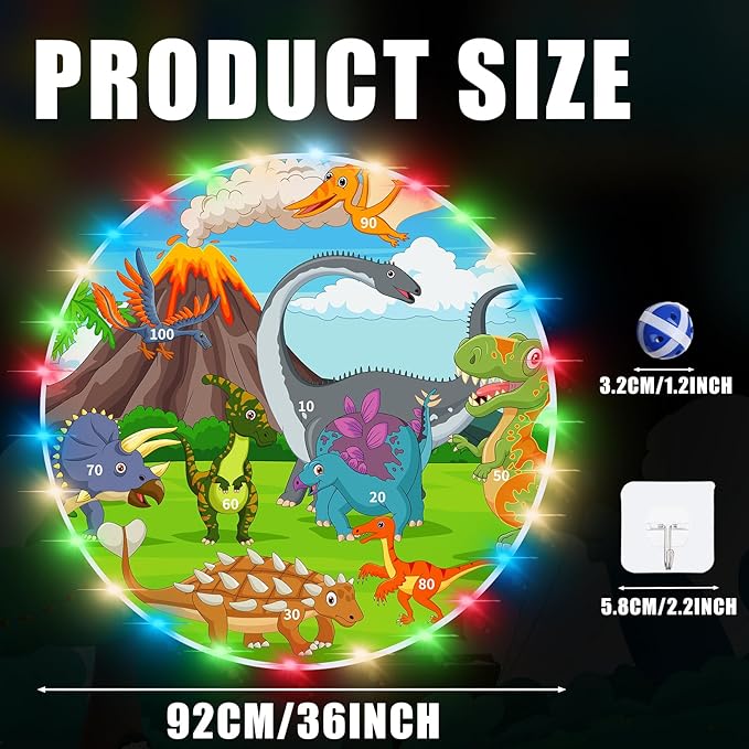 36" Large LED Dart Board, Double Sided Dartboard with 20 LED Sticky Balls Dinosaur Fun Giant Dartboard Shooting Toys Indoor Outdoor Sport Toys Dartboards Party Play Game Toys, Birthday Gifts