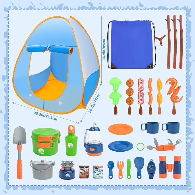 deAO Kids Camping Toys Set with Pop Up Play Tent,32 PCS Outdoor Pretend Camping Toys with Light & Spray for Kids Boys Girls Age 3 4 5 6, Gift for Kids