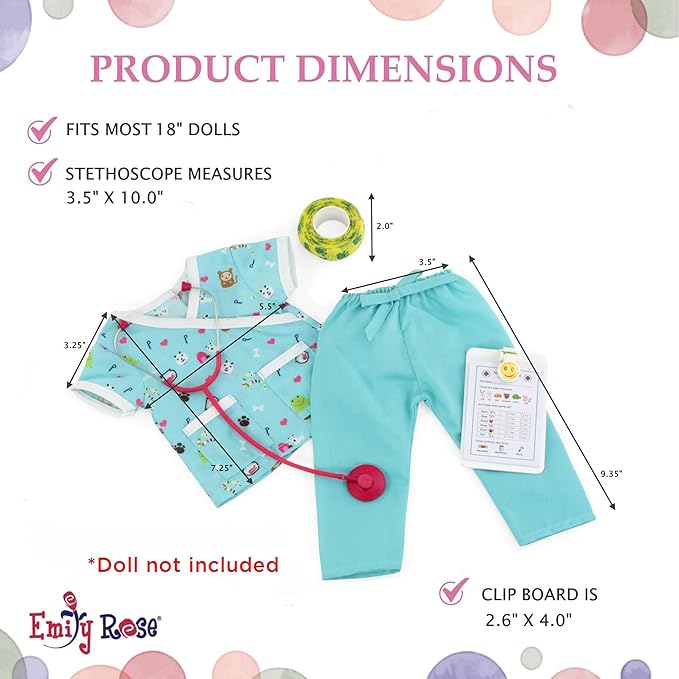 Emily Rose 18 Inch Doll Clothes 6 PC Doctor Veterinarian Vet Nurse Scrubs & Accessories Outfit Set, Including Stethoscope | Mom's Choice Award Winner | Compatible with 18" American Girl Dolls