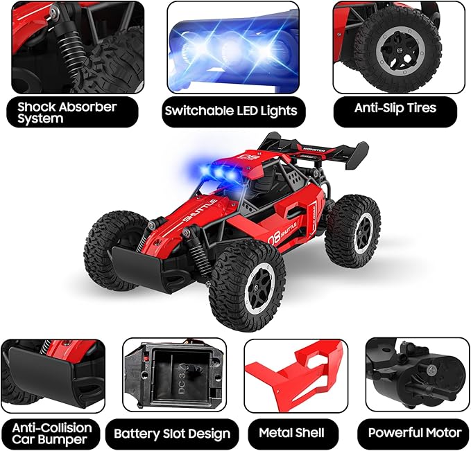 Remote Control Car for Kids 3 4 5 6 7+, 20 KM/H High-Speed RC Cars with LED Lights, 2.4GHz 2WD Monster Truck Toys, Rechargeable RC Car, Toy Cars for Girls Boys, Christmas & Birthday Gifts โ Red