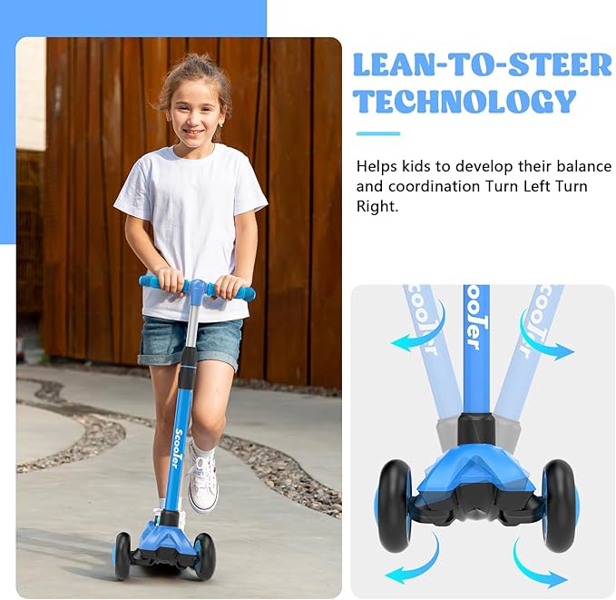 Kids Scooter,LED Lighted Wheels and 3 Adjustable Height Handlebars Scotters for Kids 3-12,3 Wheel Toddler Kick Scotter for Boys & Girls up to 132 Lbs.