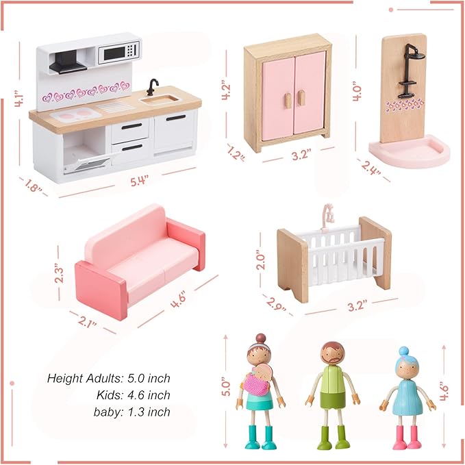 Giant bean 36pcs Wooden Dollhouse Furniture Set with Dolls for 5 Rooms, Wood & Plastic Pink Dollhouse Accessories Pretend Play Furniture Toy Christmas Birthday Gift Toy for Kids Boys Girls Toddler 3+