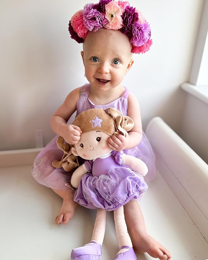 Soft Baby Doll Toys (16''), My First Baby Rag Doll for 1 Year-Old Girl Birthday Gift, Christmas Plush Toys Gift for Toddler Kids Infants -Starlet Purple