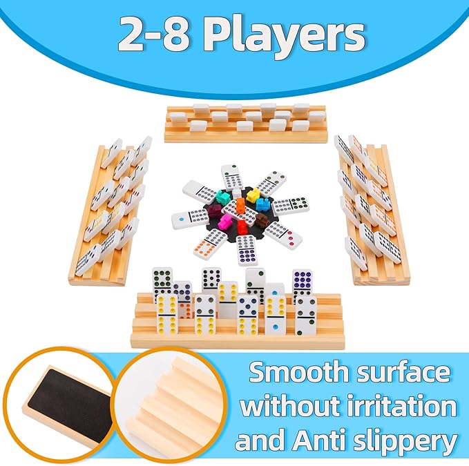 Double 12 Mexican Train Dominoes Set with 8 Wooden Racks & 91 Dot Tiles Portable Travel Board Game for Kids and Adults Family Game Night