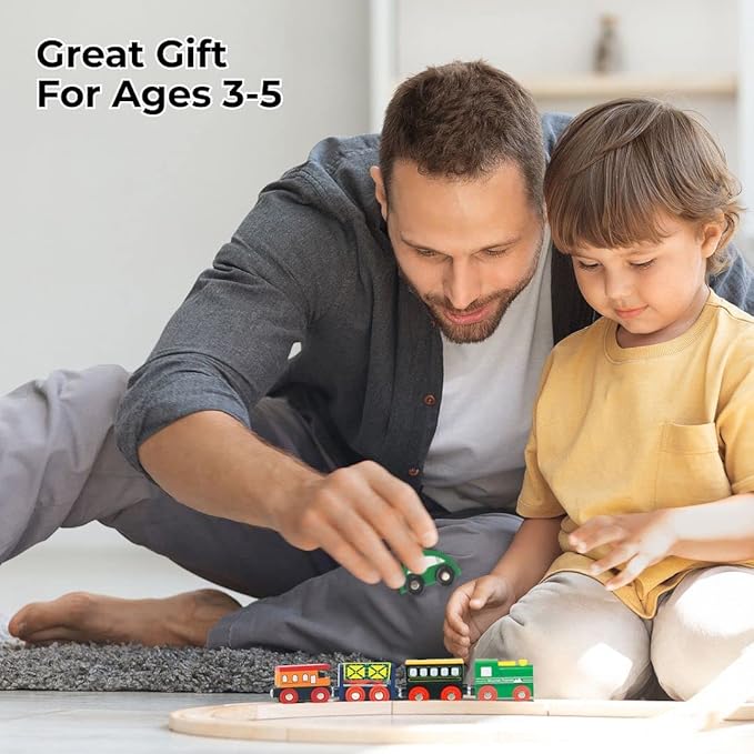 Wooden Train Set 100 Piece All in One Wooden Toy Train Tracks Set with Magnetic Trains and Railway Accessories, Comes in A Clear Container, Compatible with All Major Brands