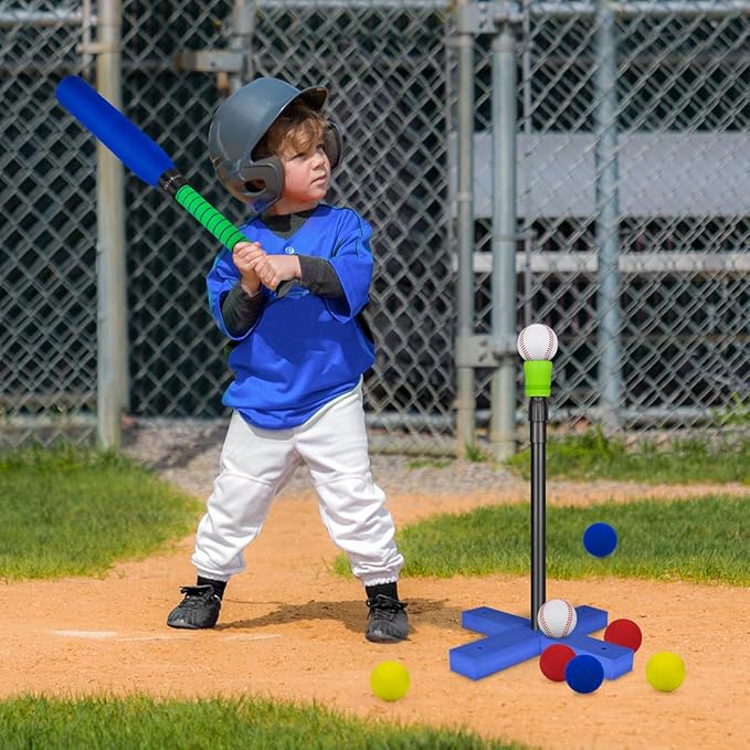 Foam Tball Set for Kids Toddlers 3-5, T Ball Baseball Softball Bat Set Adjustable Batting Tee, 8 Colored Balls, for Boys Girls 3-5 5-8 Years Indoor Outdoor Sport Playing Toys, Blue