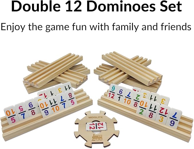 Mexican Train Dominoes Set with Numbers and 8 Wooden Racks, Double 12 Domino Travel Set with Wooden Hub, 91 Colored Domino Tiles Game Set with for Family Game Night
