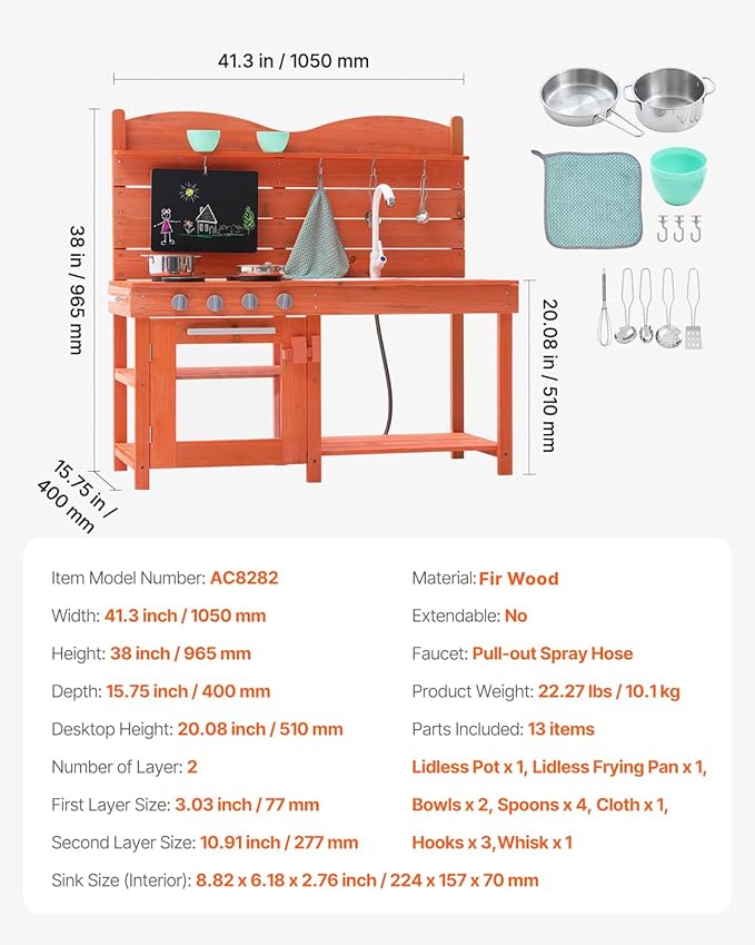 VEVOR Mud Kitchen for Kids, Wooden Toy Play Kitchen Set, Outdoor Toddler Grocery Store Playset for Boys & Girls, Pretend Play Kitchen with Stoves, Sink, Faucet, Blackboard, Cookware Pots, Accessories