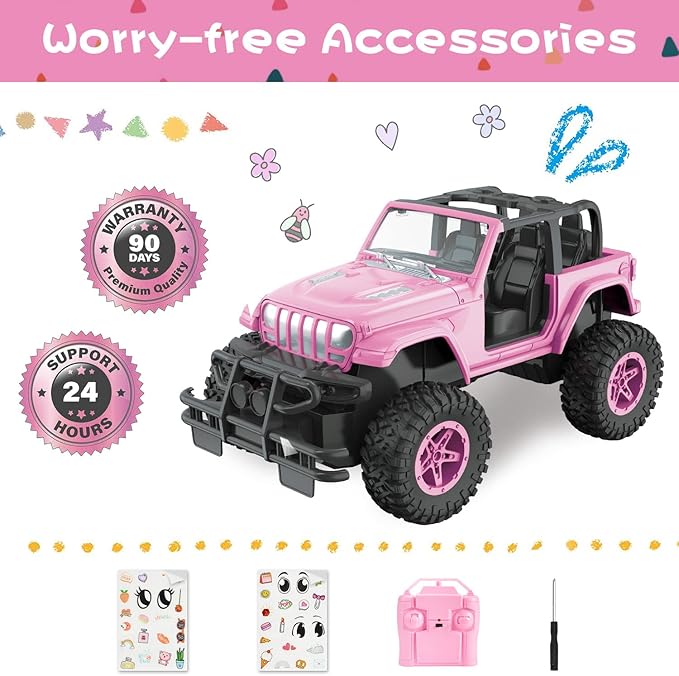 NQD RC Cars with DIY Sticker, 1:16 Scale Pink Remote Control Car for Girls, 80 Min Play 2.4Ghz Jeep RC Trucks, Little Girl Toys Birthday Xmas for 3 Years Old and Up