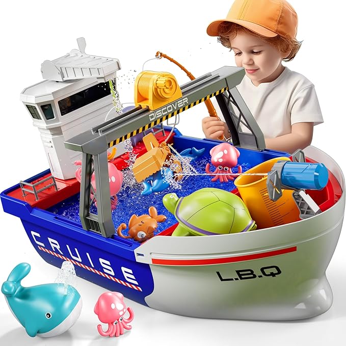 Ship Toys Water Tables for Kids Ages 2 3 4 5 6 - Electrical Play Boat for Toddlers 3-5, Fishing Game with 6 Fishes, Summer Water Sand Playset, Pool Beach Bath Toys, Gifts for Boys Girls 4-7
