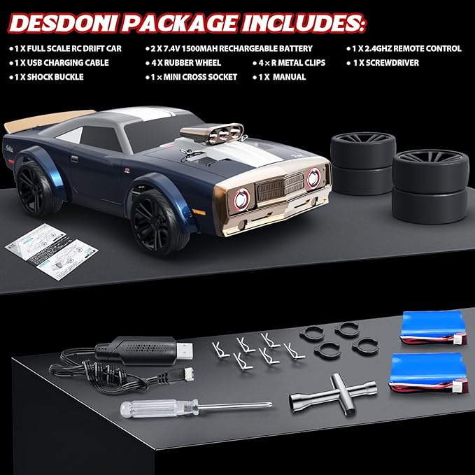 RC Drift Car 1/16 Scale 38KM/H Fast 4WD RC Car 2.4Ghz with 6 Modes of Light 2Pcs Rechargeable Batteries Racing for Boys and Adults Gift