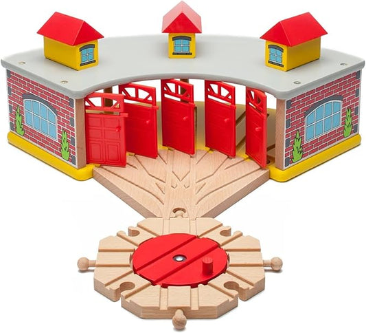 inc. Wooden Train Round House Combo with Rotating Turntable, Train Shed to House 5 Engines or Cars, Rotating Turntable Switching Track Compatible with Major Brand Railway Sets