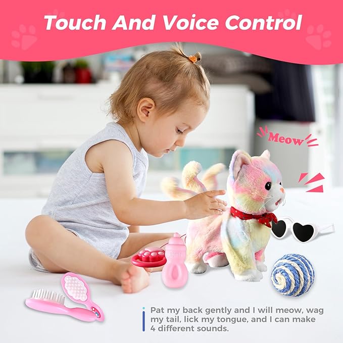 Colorful Leash Walking Cat Set Toy Interactive Talking Cat Singing Dancing Kitten Mimicking Repeat What You Say Kitty Touch and Voice Control Nodding Wagging Tail Plush Electric Robot for Kid Girl