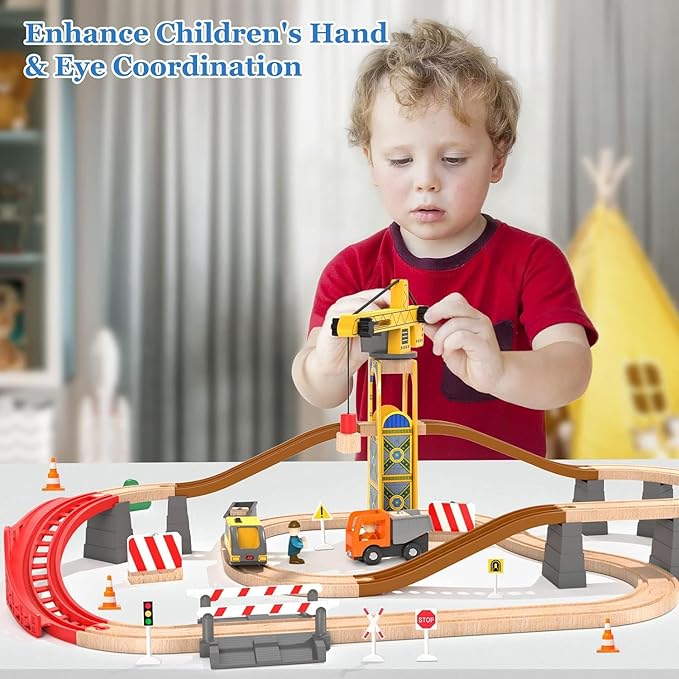 Giant bean 72PCS Tower Crane Wooden Train Set, Battery Operated Electric Train Track for Boys and Girls 3-7, Christmas Birthday Toy Gift