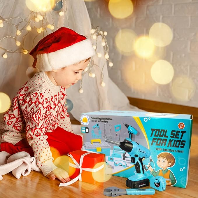LOYO Kids Tool Set - 50 PCS Pretend Play Kids Toy Tool Box with Kids Construction Vest and Electronic Toy Drill Set for Toddlers Boys Ages 3 , 4, 5, 6, 7 Years Old Christmas Birthday Gift (Blue)