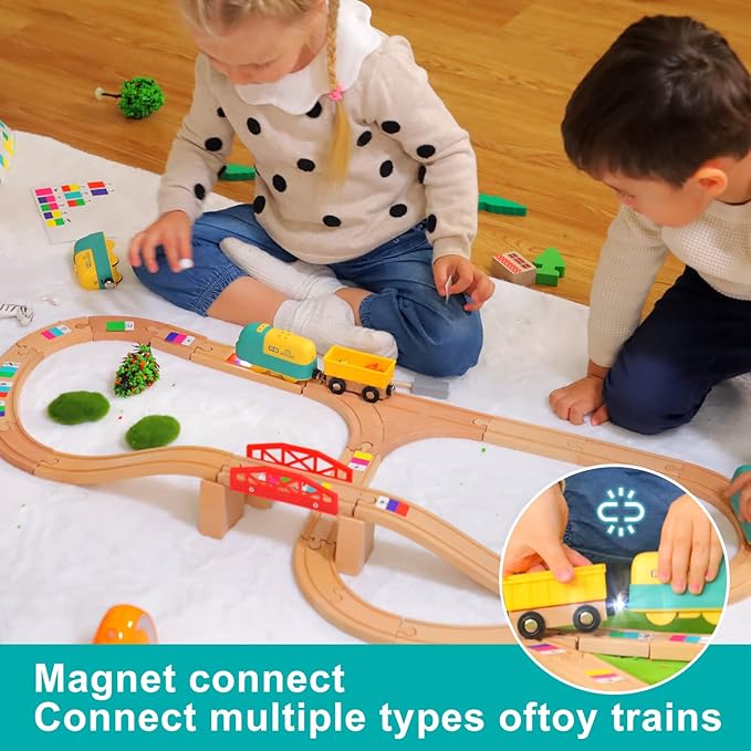 Wooden Train Set, 25 PCS Wooden Tracks, 22 Functions Lights/Music, 3 Game Modes, Preschool Educational Toys Gifts for Kids Age 3-7, Fit Thomas The Train, Brio, Melissa & Doug