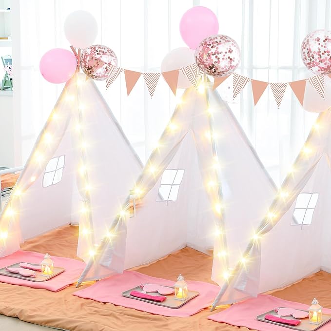 Windyun 4 Pack Teepee Tent for Kids with Light Blankets and Trays, Natural Cotton Toddler Play Tent, Washable Children's Sleepover Teepee for Girls Boys Indoor Outdoor Slumber Party Birthday Gifts